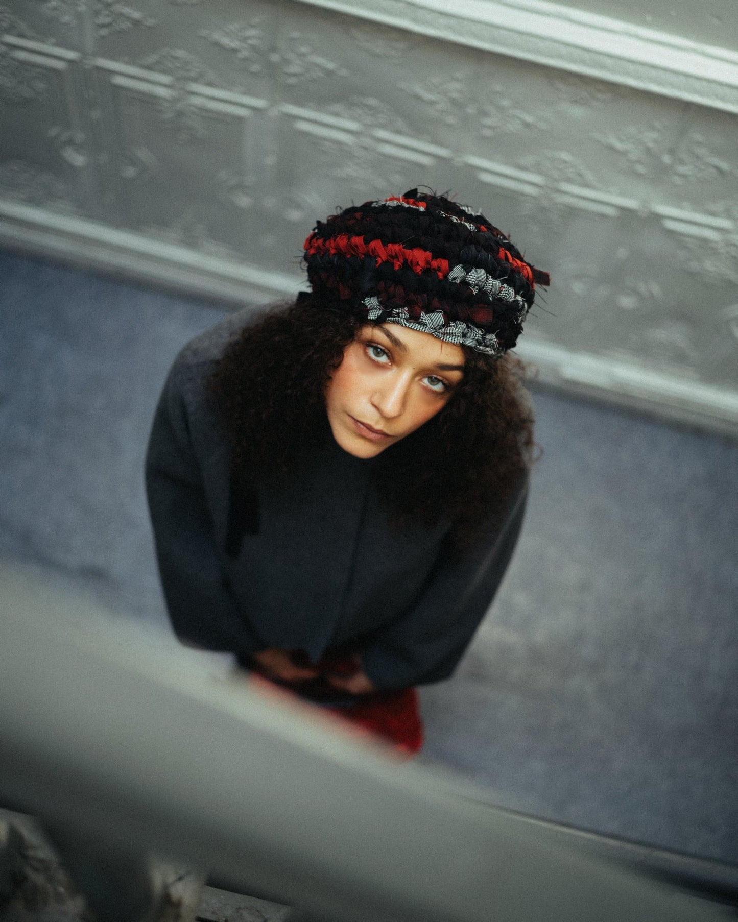 Hand Crochet Beret - Black x Red